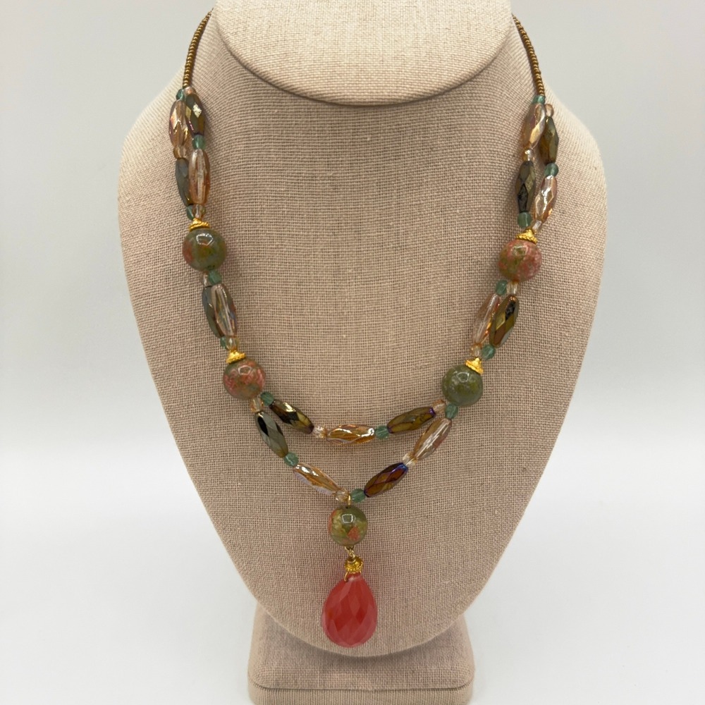 Essence Beaded Necklace Green Gold Boho Layered Teardrop Pendant Earth Statement